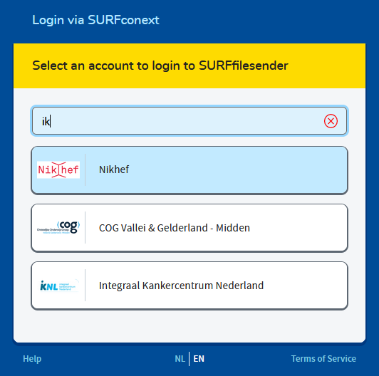 SURFcontext WAYF selection of your institution